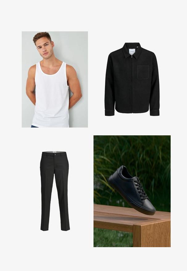 Musta vetoketjullinen takki, jossa on kaulus ja yksi rintatasku, esitelty valkoista taustaa vasten.; Valkoinen puuvillainen hihaton paita, jossa on pyöreä kaula-aukko ja leveät kainalot, esillä mallin päällä vaaleanharmaata taustaa vasten.; Mustat housut, mittatilaustyönä valmistettu, sileä kangas, keski-korkea vyötärö, etunapilla suljettuna, viistot taskut ja taitteet lahkeissa.; Musta nahkakengät, joissa on sileä pinta, pyöreä kärki ja litteät nauhat, aseteltu puupinnan ylle, taustalla vihreää ruohoa.