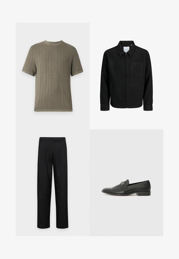 Giacca nera con zip, colletto e una tasca sul petto, mostrata su sfondo bianco.; T-shirt a maniche corte di colore verde oliva in maglia con texture a coste, scollatura rotonda e orlo dritto. Presenta strisce verticali regolarmente distanziate.; Pantaloni neri realizzati in tessuto liscio, caratterizzati da un taglio dritto, due pieghe frontali e una vita standard con passanti per la cintura.; Mocassino in pelle nera con finitura liscia, caratterizzato da un design cucito e da un accento decorativo in catena metallica sul vamp. Tacco piatto.