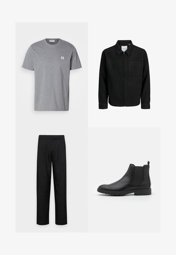 Čierna zipsová bunda s golierom a jednou náprsníkou, vystavená na bielom pozadí.; Šedé tričko vyrobené z bavlneného zmesového materiálu, s okrúhlym výstrihom, krátkymi rukávmi a malou nášivkou loga CK na ľavej hrudi.; Čierne nohavice vyrobené z hladkej tkaniny, s rovnými nohavicami, dvoma prednými skladmi a štandardným pásom s pútkami na opasok.; Čierne kožené Chelsea čižmy s elastickými bočnými panelmi a pútkom, s okrouhlym špičkou a texturovanou gumenou podrážkou.