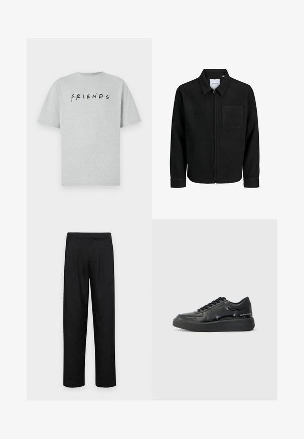 Schwarze Zip-Jacke mit Kragen und einer einzelnen Brusttasche, auf weißem Hintergrund präsentiert.; Graues Baumwoll-T-Shirt mit kurzen Ärmeln, auf dem das Wort "FRIENDS" in Schwarz zu sehen ist, akzentuiert mit bunten Punkten in einer lässigen Schriftart.; Schwarze Hose aus glattem Stoff, mit geradem Bein Design, zwei vorderen Falten und einem Standardbund mit Gürtelschlaufen.; Schwarze LederSneaker mit glatter Oberfläche, runder Zehenform und kontrastierender schwarzer Gummisohle. Mit flachen Schnürsenkeln und Branding an der Seite.