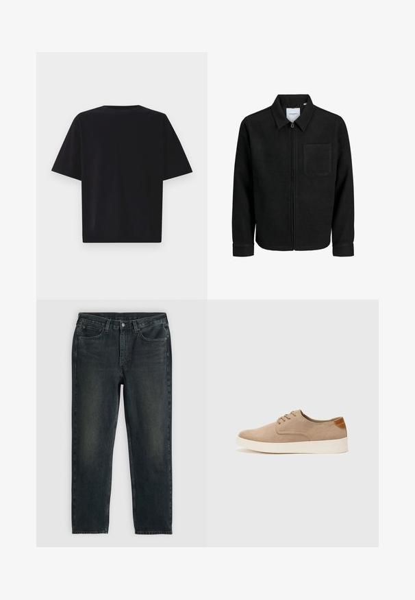 Jachetă neagră cu fermoar, cu guler și un singur buzunar pe piept, expusă pe fundal alb.; GAP ULTRA SOFT BOXY TEE - Tricou basic - black; Blugi din denim de culoare albastru închis, cu croi drept, având cinci buzunare, fermoar și cusături în contrast. Ușor uzate pe material.; Tenisi din suede bej cu vârf rotund, sistem de șireturi în față și un accent texturat în spate. Talpa albă din cauciuc oferă un contrast. Design simplu și modern.