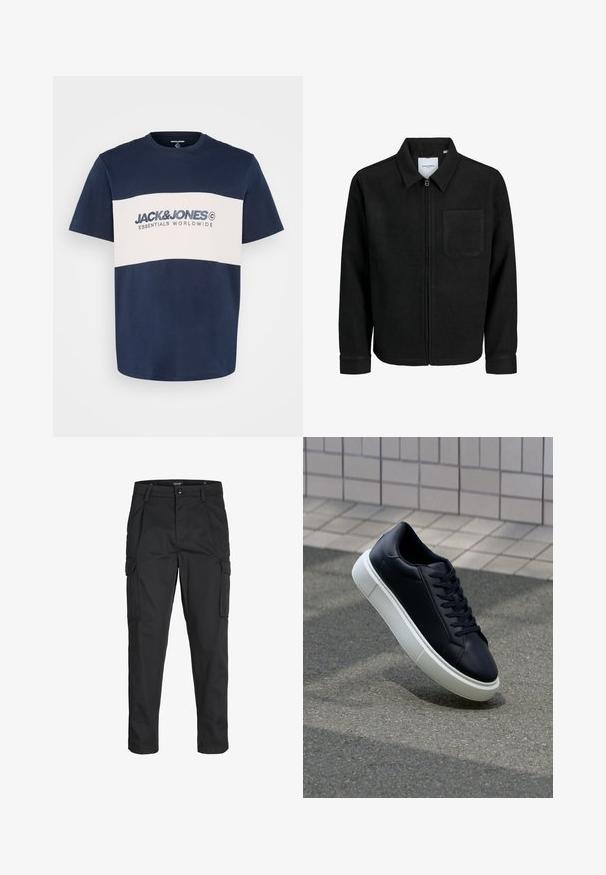 Czarna kurtka z zamkiem na całej długości, z kołnierzem i jedną kieszenią na piersi, umieszczona na białym tle.; Jack & Jones JJELEGACY granatowy; Czarne spodnie cargo wykonane z wytrzymałego materiału, z wieloma kieszeniami, zapięciem na guzik oraz zwężanym krojem nogawek.; Czarne skórzane sneakersy z okrągłym noskiem i białą gumową podeszwą. Posiadają płaskie sznurowadła i minimalne przeszycia na cholewce. Teksturowana podeszwa zapewnia przyczepność.