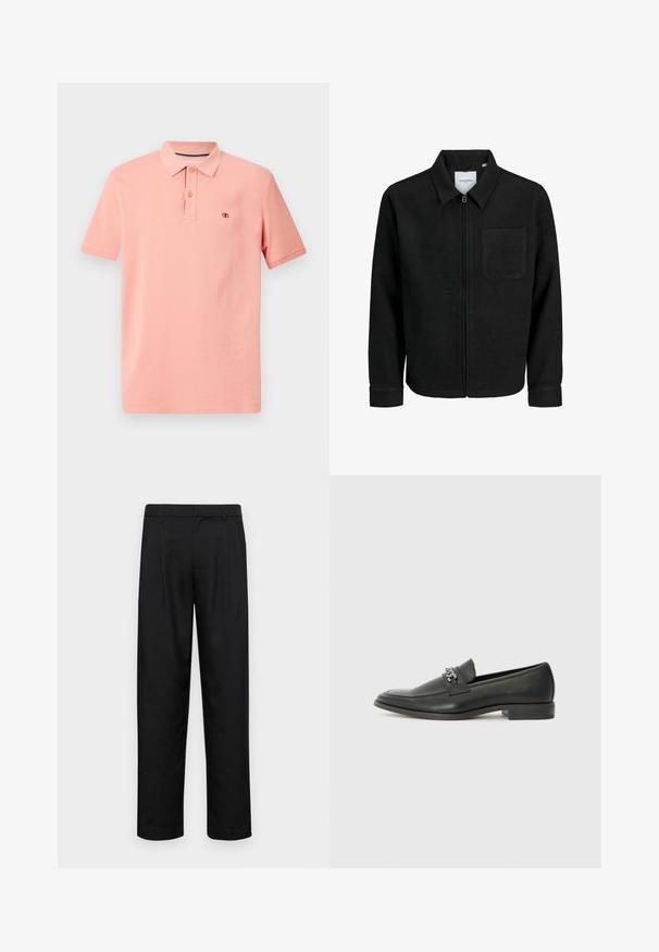 Jachetă neagră cu fermoar, cu guler și un singur buzunar pe piept, expusă pe fundal alb.; Polo din coral deschis, material din bumbac, mâneci scurte, guler cu trei nasturi, logo subtil brodat pe piept, textură netedă.; Pantaloni negri dintr-un material neted, cu un design drept, două pliuri frontale și un tiv standard cu bucle pentru curea.; Pantofii negri din piele cu un finisaj neted, având un design cusut și un accent decorativ de lanț metalic peste partea de sus. Toc plat.