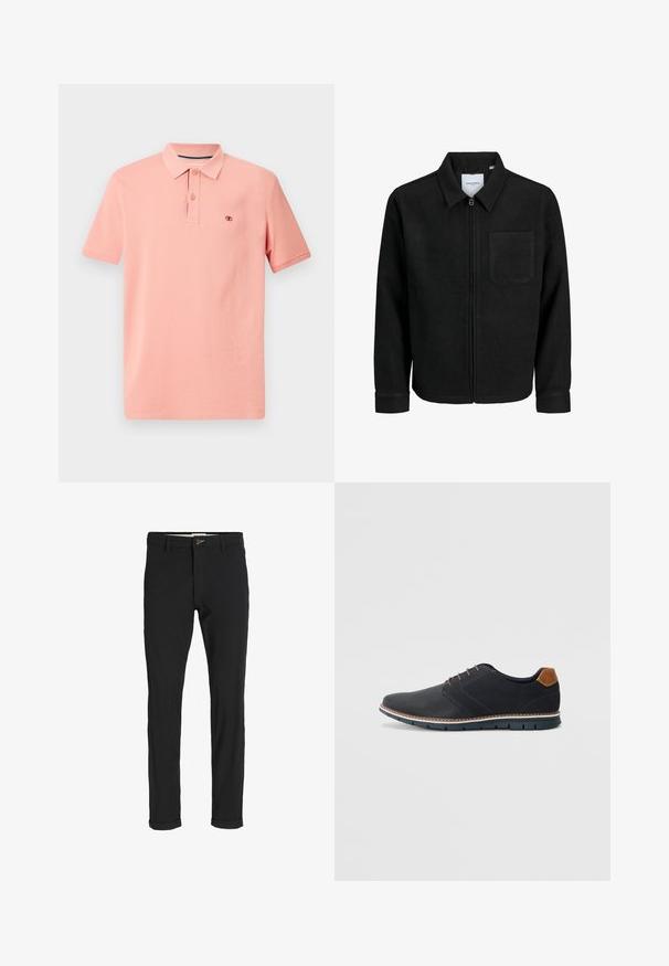 Veste zippée noire avec col et poche poitrine unique, présentée sur fond blanc.; Polo à col en corail clair, en coton, à manches courtes, avec patte de boutonnage à trois boutons, logo subtil brodé sur la poitrine, texture lisse.; Pantalons noirs en mélange de coton avec une coupe slim, dotés d'une fermeture à bouton, de poches et de revers pour une finition décontractée.; Chaussures synthétiques noires avec un dessus texturé, accents lisses, talon marron et semelle contrastante. Présente un laçage minimal et des détails de couture.