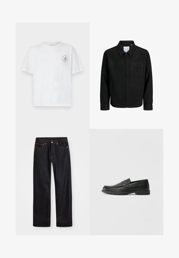 Melna jaka ar rāvējslēdzēju un apkakli, vienu krūšu kabatu, parādīta uz baltas fona.; Balts kokvilnas T-krekls ar apaļu kaklu, īsām piedurknēm un apļa melnu grafiku, kas attēlo varoni kreisajā krūšu pusē.; Vīriešu taisno kāju melnie džinsi ar piecām kabatām un oranžu izšuvumu, ar pogu un zipa aizdari priekšējā jostas daļā.; Melnas ādas loafers ar gludu apdari, mokasīnu stila augšdaļu, šūtu detalizāciju un gumijas zoli. Klasisks dizains ar zemu papēdi.