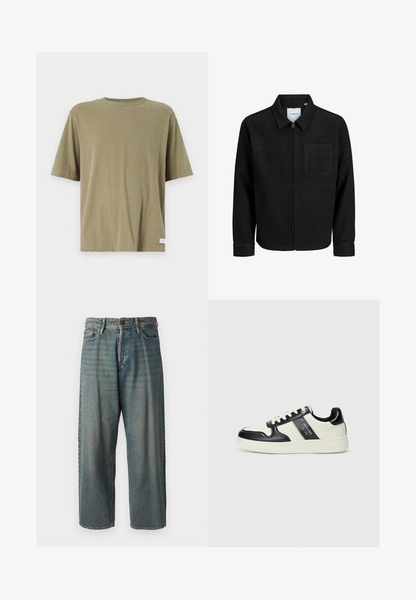 Čierna zipsová bunda s golierom a jednou náprsníkou, vystavená na bielom pozadí.; Abercrombie & Fitch PREMIUM CREW JOCKTAG - Základné tričko - mermaid; Svetlomodré denimové nohavice so voľným strihom, stredne vysokým pásom a rovnými nohavicami. Obsahujú päť vreciek, pútka na opasok a zapínanie na gombík.; Kožené tenisky v čierno-krémovej farbe, s perforovanými akcentmi, polstrovaným golierom a štruktúrovanou podrážkou.
