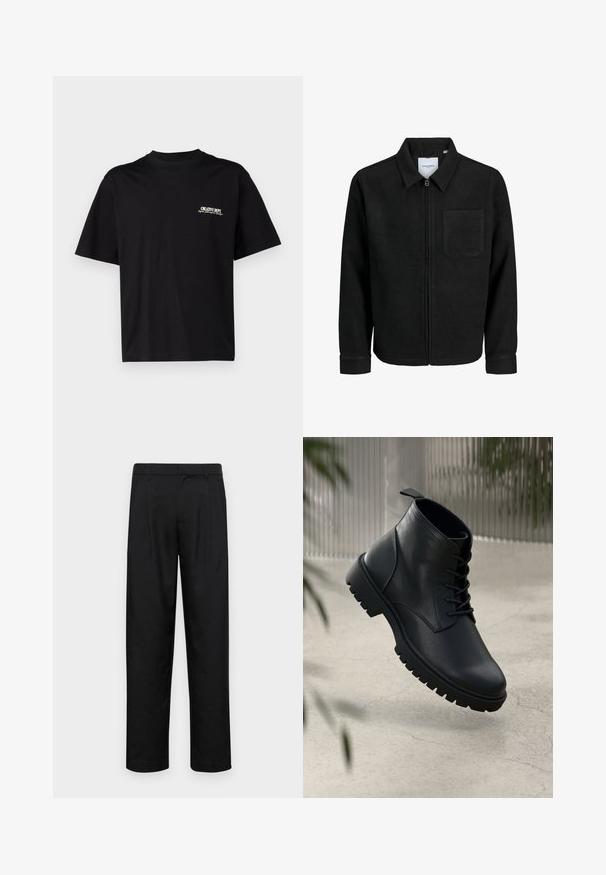 Czarna kurtka z zamkiem na całej długości, z kołnierzem i jedną kieszenią na piersi, umieszczona na białym tle.; Czarna bawełniana koszulka z krótkim rękawem, okrągłym dekoltem i nadrukiem na lewej piersi w białym i złotym kolorze, o luźnym kroju.; Czarne spodnie wykonane z gładkiego materiału, z prostą nogawką, dwoma fałdami z przodu oraz standardowym paskiem z wypustkami na pasek.; Czarne skórzane botki na kostkę z okrągłym noskiem, sznurowanym zapięciem i solidną gumową podeszwą. Gładka struktura z pętelką z tyłu.