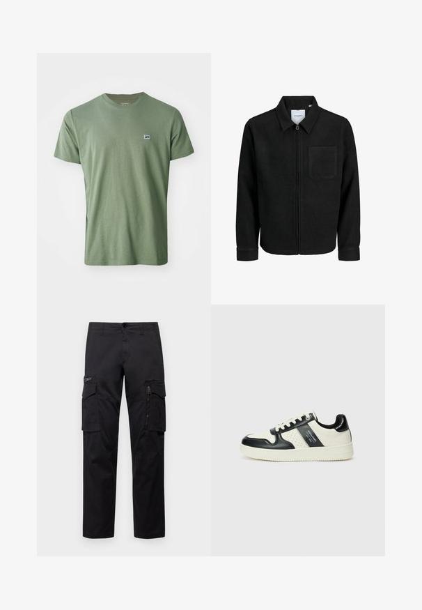 Juodas džemperis su užtrauktuku, apykakle ir vienu krūtiniu kišenėje, pristatytas baltame fone.; Lee PATCH LOGO TEE - Paprasti marškinėliai - olive stone; Juodos krovinių kelnės, turinčios kelis kišenes, užtrauktuku uždaromą kišenę ant šlaunies, tiesaus kirpimo ir tvirtos medvilnės audinys su nežymiu blizgesiu.; Odiniai sportbačiai juodos ir kreminės spalvų schemoje, su perforuotais akcentais, paminkštinta apykakle ir tekstūruotu padu.