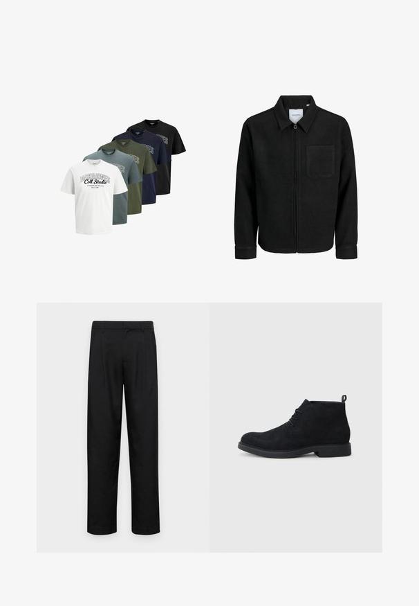 Melna jaka ar rāvējslēdzēju un apkakli, vienu krūšu kabatu, parādīta uz baltas fona.; Pieci salocīti īsām piedurknēm T-krekli ar apaļu kaklu baltā, zilā, zaļā, tumši zilā un melnā krāsā, ar tekstu "JACK & JONES Coll. Studio" drukātu priekšpusē.; Melnas bikses, izgatavotas no gludas auduma, ar taisnu kāju dizainu, divām priekšējām krokām un standarta jostu, kurai ir āķi.; Melnas zamša potītes ar noapaļotu purngalu, ar auklām veidotu dizainu un teksturētu gumijas zoli. Aizmugurē ir neliels vilkšanas cilpiņas palīglīdzeklis.