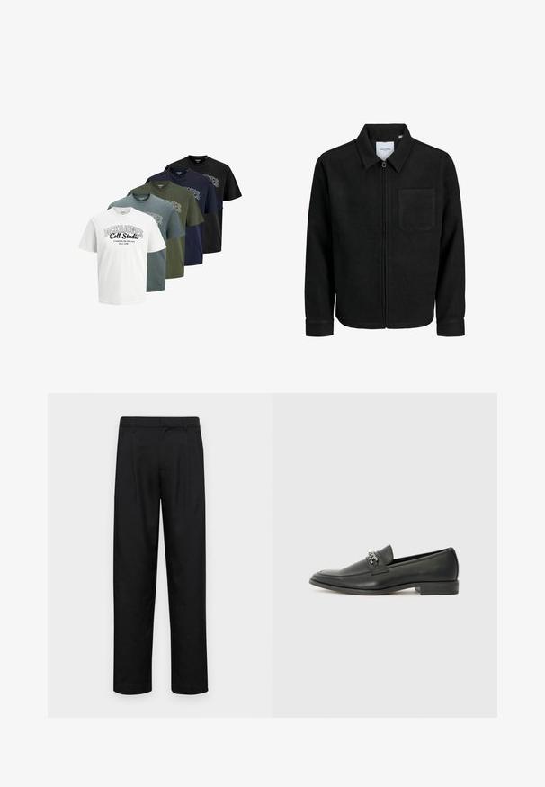 Schwarze Zip-Jacke mit Kragen und einer einzelnen Brusttasche, auf weißem Hintergrund präsentiert.; Fünf gefaltete T-Shirts mit kurzem Ärmel und Rundhalsausschnitt in Weiß, Blau, Grün, Marineblau und Schwarz, mit dem Aufdruck "JACK & JONES Coll. Studio" auf der Vorderseite.; Schwarze Hose aus glattem Stoff, mit geradem Bein Design, zwei vorderen Falten und einem Standardbund mit Gürtelschlaufen.; Schwarzer Lederloafer mit glatter Oberfläche, ausgestattet mit einer gesteppten Gestaltung und einem dekorativen Metallkettendetail über dem Vorderblatt. Flacher Absatz.