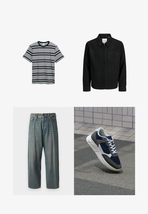 Crna jakna na zip s ovratnikom i jednim džepom na prsima, prikazana na bijeloj pozadini.; Prugasta majica u mornarsko plavoj, bijeloj i zelenoj boji. Ima okrugli izrez, kratke rukave i različite horizontalne pruge po tkanini.; Svijetloplave traperice s širokim krojem, srednjim pojasom i ravnim nogavicama. Ima pet džepova, petlje za remen i kopčanje na gumb.; Tenisice s gornjim dijelom od mrežastog materijala tamnoplave boje, siva antilopova naglašavanja, bijela gumena potplat i ravne bijele vezice, dizajnirane za udobnost i prozračnost.