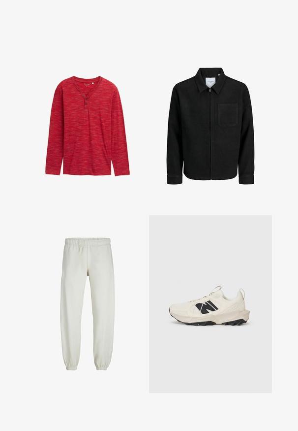 Veste zippée noire avec col et poche poitrine unique, présentée sur fond blanc.; T-shirt henley rouge à manches longues en tissu texturé, avec un col en V, trois boutons et une coupe décontractée avec des ourlets finis.; Pantalons de survêtement blancs en tissu doux, avec une taille et des poignets élastiques, présentant une texture lisse et un design ample.; Baskets beige clair avec tige en mesh, logo noir et semelle texturée. Accentué par un motif géométrique sur la semelle intermédiaire.