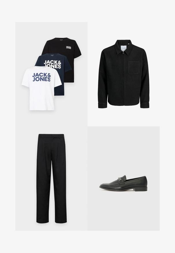 Melna jaka ar rāvējslēdzēju un apkakli, vienu krūšu kabatu, parādīta uz baltas fona.; Trīs T-krekli ar īsām piedurknēm un apaļu kakla izgriezumu baltā, tumši zilā un melnā krāsā, katrs ar uzrakstu "JACK & JONES" drukātā veidā uz priekšpuses vai krūtīm.; Melnas bikses, izgatavotas no gludas auduma, ar taisnu kāju dizainu, divām priekšējām krokām un standarta jostu, kurai ir āķi.; Melna ādas loafer izmēra apavi ar gludu virsmu, piedāvā ar šūtu dizainu un dekoratīvu metāla ķēdes akcentu pār vampu. Plakana papēža daļa.