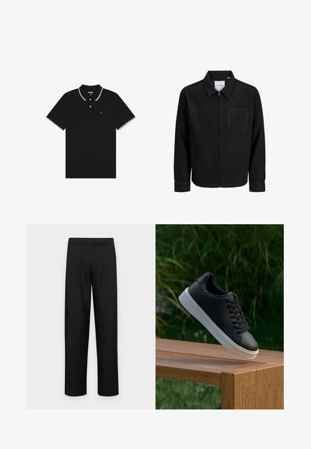 Fekete, zipzáros dzseki gallérral és egyetlen mellzsebbel, fehér háttéren.; Fekete pólóing textúrált anyagból, hajtott gallérral, fehér díszítéssel, két gombos kapoccsal és egy kis logóval a mellkason.; Fekete nadrág sima anyagból, egyenes szárú fazonnal, két elülső redővel és közönséges derékkal, övhurkokkal.; Fekete bőr sportcipő sima textúrával, fehér gumitalppal és hat lukkal a fűzőknek, amely egy fa felületen van bemutatva.