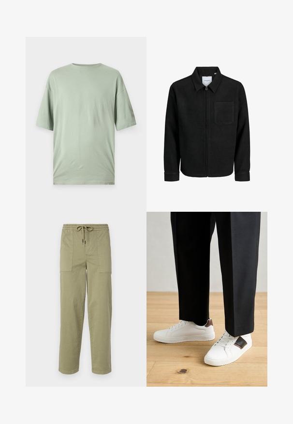 Fekete, zipzáros dzseki gallérral és egyetlen mellzsebbel, fehér háttéren.; Világos zöld, rövid ujjú póló puha anyagból. Kerek nyakkal és laza fitettel rendelkezik, látható minták vagy díszítések nélkül.; Világos olíva zöld színű, pamut keverékből készült nadrág, rugalmas derékrésszel és zsinórral, valamint két nagy oldalzsebbel.; Fehér sneaker, sima textúrával, barna bőr díszítéssel és fekete részletekkel, fekete szabott nadrággal párosítva. Fából készült padló háttér.