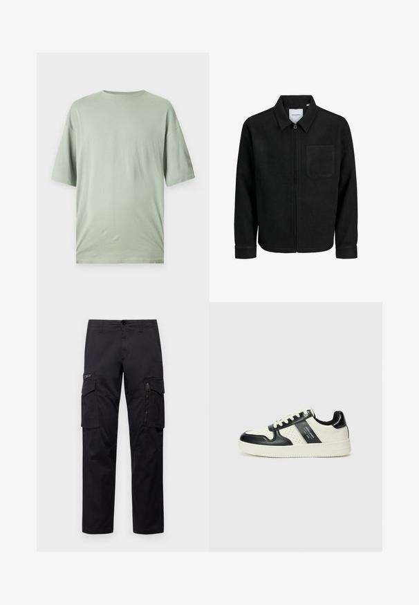 Jachetă neagră cu fermoar, cu guler și un singur buzunar pe piept, expusă pe fundal alb.; Tricou verde deschis cu mânecă scurtă, realizat dintr-un material moale. Prezintă un guler rotund și o croială relaxată, fără modele sau embellishments vizibile.; Pantaloni cargo negri cu multiple buzunare, un buzunar cu fermoar pe coapsă, croi drept și țesătură de bumbac rezistentă cu o ușoară lucire.; Tenisi din piele cu un scheme de culori negru și crem, dotati cu accente perforate, guler căptușit și o talpă texturată.