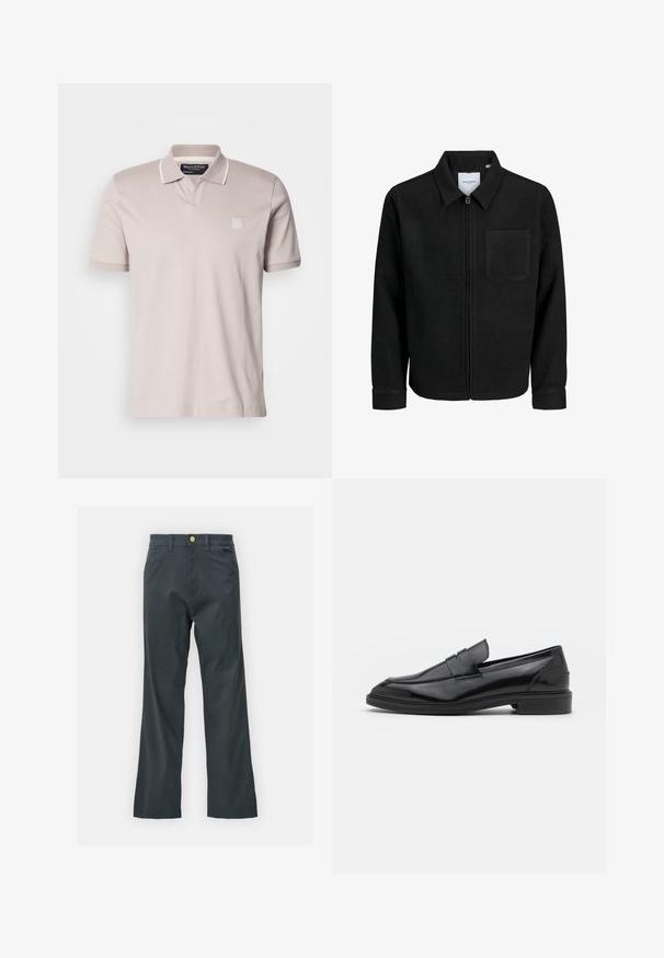 Melna jaka ar rāvējslēdzēju un apkakli, vienu krūšu kabatu, parādīta uz baltas fona.; Gai bēšas krāsas kokvilnas polo krekls ar klasisku apkakli, baltiem akcentiem, īsām piedurknēm un nelielu izšūtu logotipu uz krūtīm.; Melnas bikses ar taisnu kāju griezumu, izgatavotas no kokvilnas maisījuma auduma. Tām ir metāla pogas aizdare un sānu kabatas. Nav redzamu rakstu.; Melnas ādas loafers ar gludu virsmu, ar noapaļotu purngalu un šauru joslu pāri augšdaļai. Zems kaudzes papēdis.