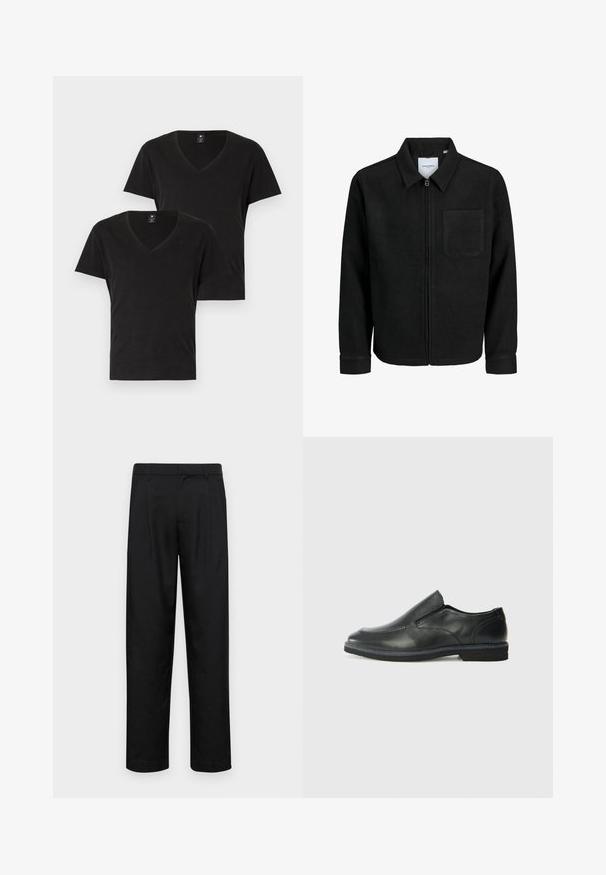 Mustaga lukuga jakker, millel on krae ja üks rinna-tasku, esitatud valgel taustal.; Kaks musta V-kaelusega t-särki, mis on valmistatud pehmest puuvillast. Lühikesed varrukad ja standardne lõige. Minimalistlik disain, millel on rindkeres diskreetne logo.; Mustad mustadest riietest, millel on sirge jalgade disain, kaks eesmist voltimist ja tavaline vöökoht, millel on vöökohad.; Must musta laia suuga king, millel on sile ülemine osa, õmmeldud detailid, ümmargune nina ja madal kummist konts. Tallal on minimaalne mustr.