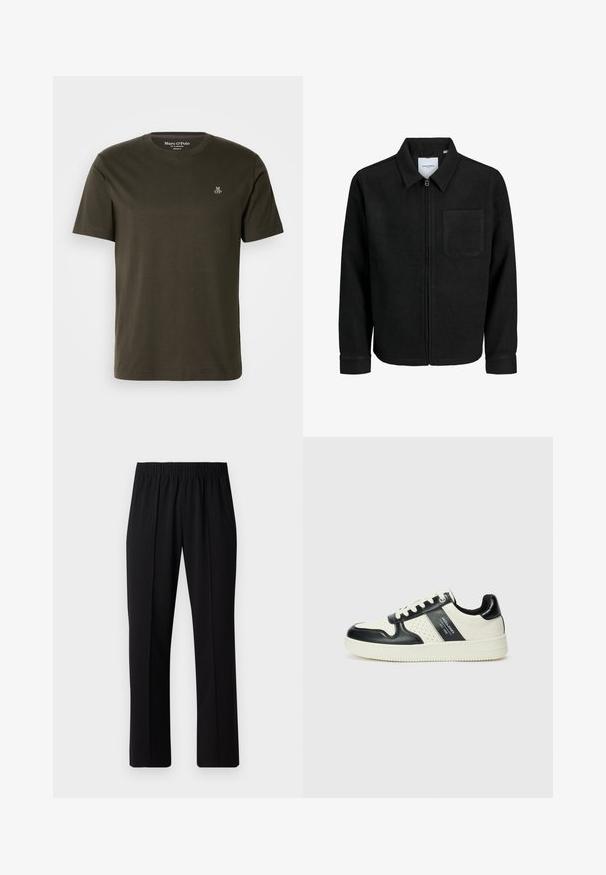 Čierna zipsová bunda s golierom a jednou náprsníkou, vystavená na bielom pozadí.; Tmavo olivovo zelené bavlnené tričko s okrúhlym výstrihom, krátkymi rukávmi a malým bielym logom "MOP" na hrudi. Hladká textúra.; Čierne nohavice s elastickým pásom a rovnými nohavicami, majú hladkú textúru a žiadne viditeľné vzory ani kovové doplnky.; Kožené tenisky v čierno-krémovej farbe, s perforovanými akcentmi, polstrovaným golierom a štruktúrovanou podrážkou.