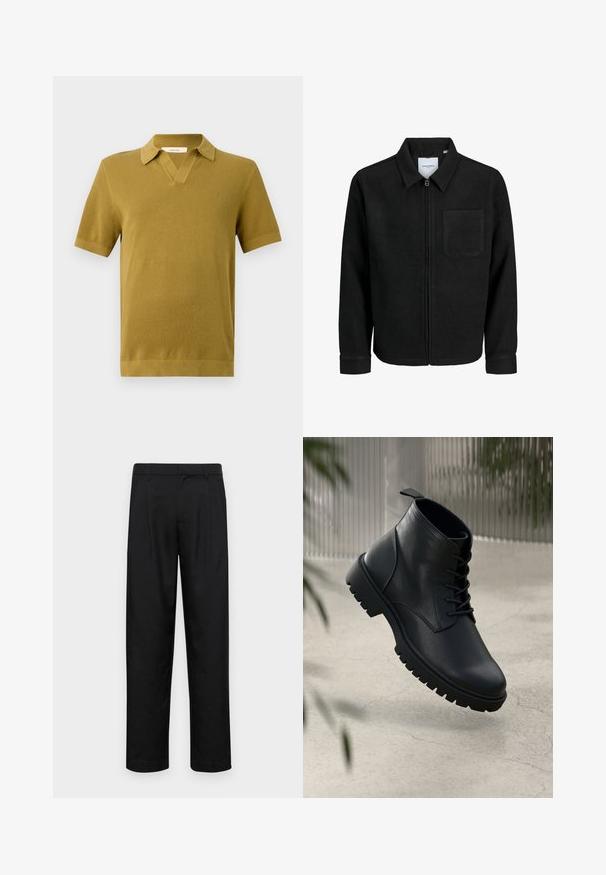 Fekete, zipzáros dzseki gallérral és egyetlen mellzsebbel, fehér háttéren.; Rövid ujjú póló ing mustár sárga színben, texturált kötött anyagból, V-nyakú gallérral, bordázott mandzsettákkal és aljjal.; Fekete nadrág sima anyagból, egyenes szárú fazonnal, két elülső redővel és közönséges derékkal, övhurkokkal.; Fekete bőr bokacsizmák lekerekített orral, fűzős dizájnnal és strapabíró gumitalppal. Simább textúrájú, hátul húzófüllel ellátva.