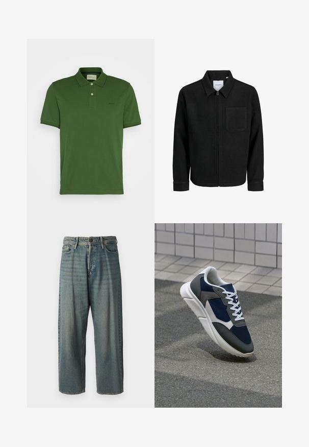 Črna jakna z zadrgo in ovratnikom ter enim žepom na prsih, prikazana na beli podlagi.; Zelena polo majica iz bombaža, z dvojnim gumbom, kratkimi rokavi in kontrastnim obrobjem na ovratniku in rokavih. Vezenina logotipa.; Svetlomoderne kavbojke z ohlapnim krojem, srednjim pasom in ravnimi nogami. Imajo pet žepov, zanke za pas in zapiranje na gumb.; Superge z zgornjim delom iz mrežaste tkanine v mornarsko modri barvi, sivi usnjeni poudarki, belo gumijasto podplato in ravnimi belimi vezalkami, zasnovane za udobje in zračnost.