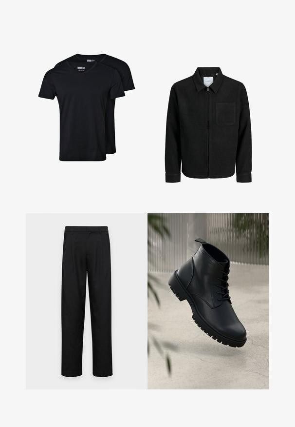 Svart zip-jacka med krage och en enda bröstficka, visad på vit bakgrund.; Svarta t-shirts med v-ringning i bomullsblandning. Korta ärmar, avslappnad passform och mjuk textur. Paketet innehåller två t-shirts.; Svarta byxor i slät väv, med rak ben-design, två framfickor och standardmidja med bälteshällor.; Svarta läderankelboots med rund tå, snörningsdesign och robust gummisula. Slät yta med dragflik bak.