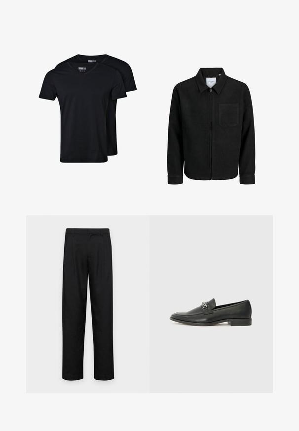 Black zip-up jacket with collar and single chest pocket, displayed on white background.; Black v-neck t-shirts made of cotton blend fabric. Short sleeves, relaxed fit, and smooth texture. Pack includes two shirts.; Black trousers made of smooth fabric, featuring a straight-leg design, two front pleats, and standard waistband with belt loops.; Black leather loafer with a smooth finish, featuring a stitched design and a decorative metal chain accent across the vamp. Flat heel.