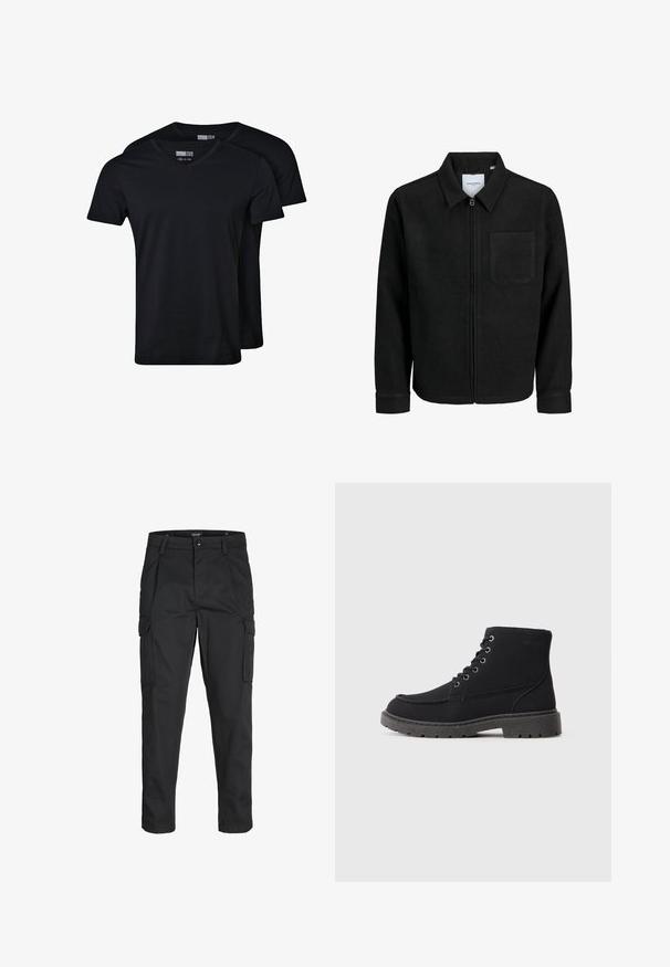 Fekete, zipzáros dzseki gallérral és egyetlen mellzsebbel, fehér háttéren.; Fekete V nyakú pólók pamut keverék anyagból. Rövid ujjúak, laza fazonúak és sima tapintásúak. A csomag két pólót tartalmaz.; Fekete cargo nadrág, amely tartós anyagból készült, több zsebet tartalmaz, gombos záródással rendelkezik, és karcsú szabású, szűkített lábakkal bír.; Fekete bokacsizma textilből, lapos talppal, kerek orral és hat fűzőlyukkal. megerősített varrás az élek mentén.