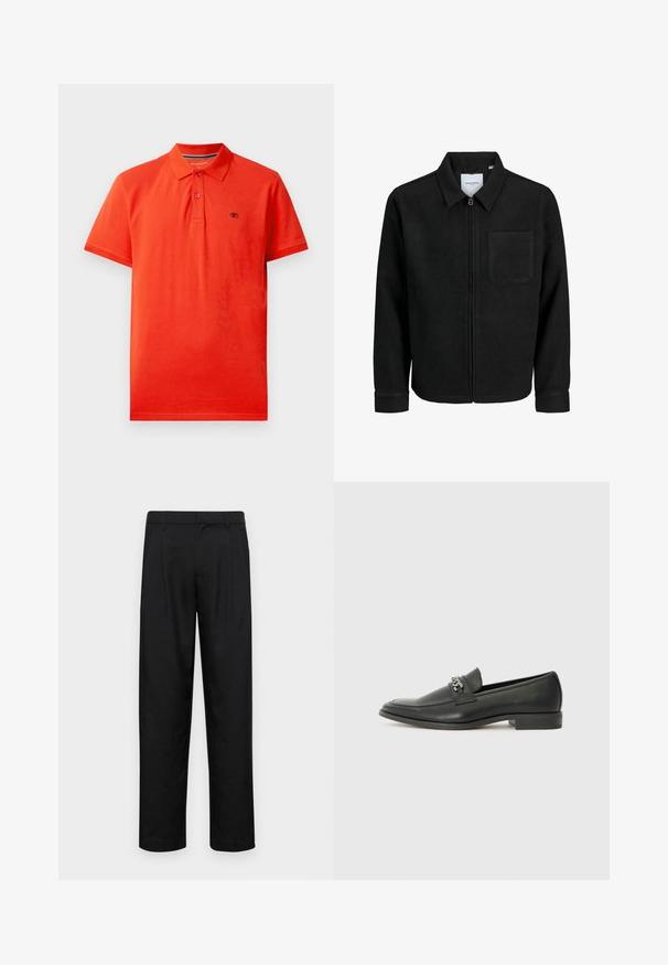 Czarna kurtka z zamkiem na całej długości, z kołnierzem i jedną kieszenią na piersi, umieszczona na białym tle.; Czerwona koszulka polo wykonana z bawełny, z kołnierzykiem, z plaketą na trzy guziki, krótkimi rękawami i małym logo na lewym piersi.; Czarne spodnie wykonane z gładkiego materiału, z prostą nogawką, dwoma fałdami z przodu oraz standardowym paskiem z wypustkami na pasek.; Czarne skórzane mokasyny o gładkim wykończeniu, z haftowanym wzorem i dekoracyjnym akcentem z metalowego łańcucha na wierzchu. Płaska pięta.