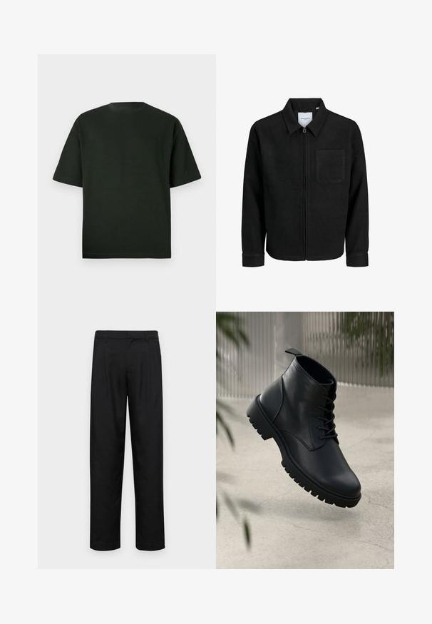 Melna jaka ar rāvējslēdzēju un apkakli, vienu krūšu kabatu, parādīta uz baltas fona.; Tumši zaļš īsajām piedurknēm T-krekls ar apaļu kakla izgriezumu. Izgatavots no mīkstas auduma, ar brīvu piegriezumu un bez redzamām rakstām vai akcentiem.; Melnas bikses, izgatavotas no gludas auduma, ar taisnu kāju dizainu, divām priekšējām krokām un standarta jostu, kurai ir āķi.; Melnas ādas potītēm līdzīgas kurpes ar noapaļotu purngalu, saistīšanas sistēmu un izturīgu gumijas zoli. Gluda virsma ar cilpu aizmugurē.