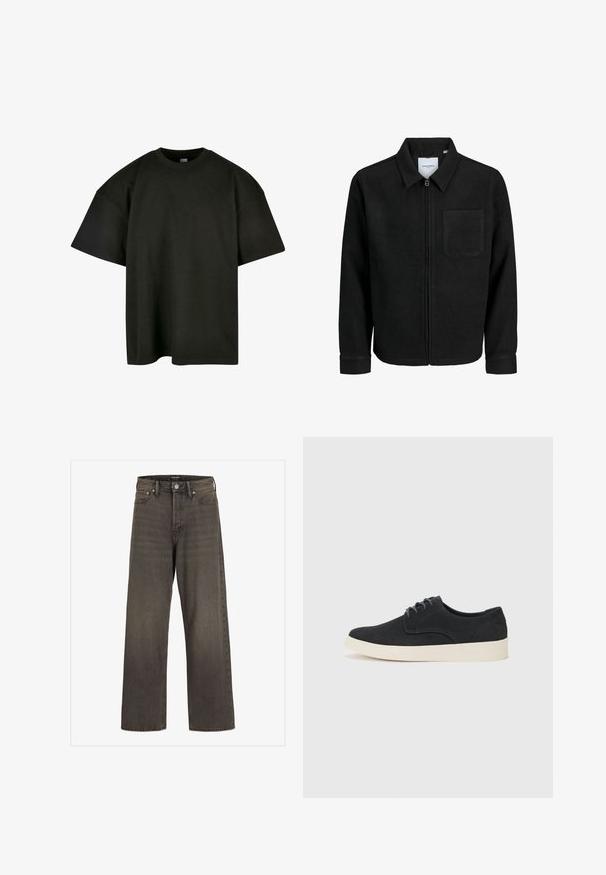 Mustaga lukuga jakker, millel on krae ja üks rinna-tasku, esitatud valgel taustal.; Must värvi suur lõikega t-särk pehmest puuvillast. Omab ümmargust klassikalist kaelaauku ja lühikesi varrukaid, sileda tekstuuri ja minimalistlikku disaini.; Laia säärtega sinimustad teksad tumeda halli denimi, kõrge talje, klassikalise viie tasku disaini ning kontrastsete õmblustega õmblustel.; Must musta lakkidega kingad, ümarate varvastega, kerge kreemivärvi tallaga ning peene sinise õmblusega pealispinnal.