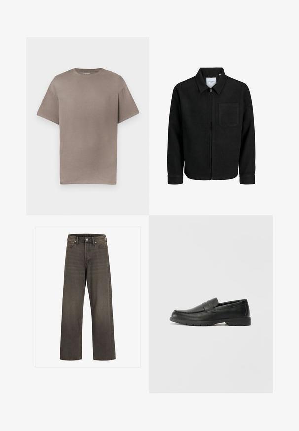 Schwarze Zip-Jacke mit Kragen und einer einzelnen Brusttasche, auf weißem Hintergrund präsentiert.; Kurzärmeliges T-Shirt mit Rundhalsausschnitt in einem gedämpften Taupe-Farbton, aus Baumwolle, mit entspanntem Schnitt und glatter, weicher Textur.; Weite Jeans aus dunkelgrauem Denim mit hoher Taille, klassischem Fünf-Taschen-Design und kontrastierendem Stepp entlang der Nähte.; Schwarze Lederloafers mit glatter Oberfläche, Mokassin-oberteil, genähten Details und Gummisohle. Klassisches Design mit niedrigem Absatz.