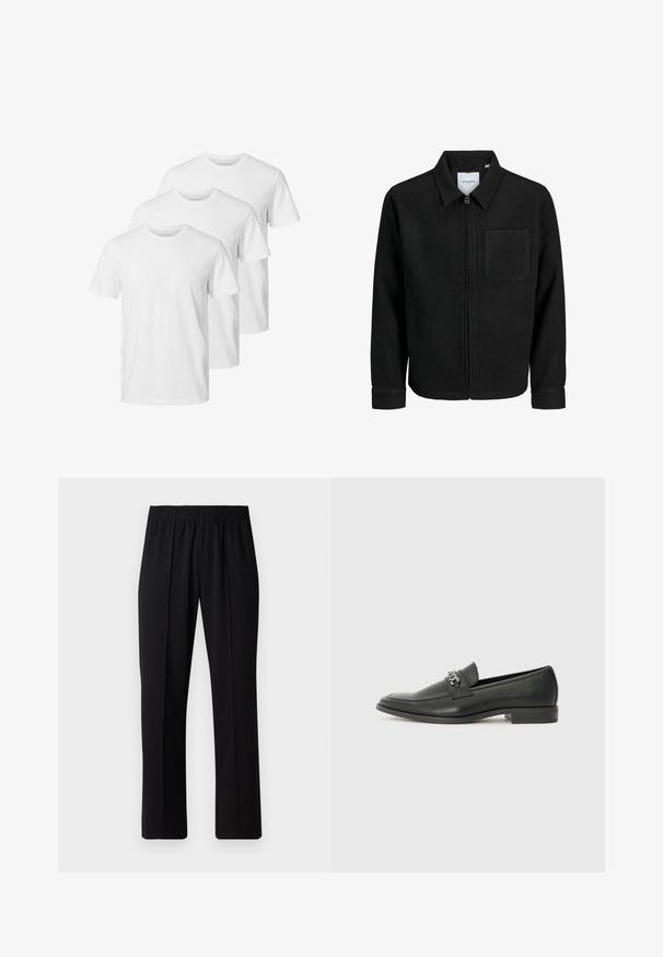 Fekete, zipzáros dzseki gallérral és egyetlen mellzsebbel, fehér háttéren.; Fehér pamut pólók kerek nyakkivágással, rövid ujjúak és standard fazonúak. Három póló sorba rendezve.; Fekete, gumíros derekú nadrág egyenes szabással, sima felülettel, látható minták vagy fémrészek nélkül.; Fekete bőr loaferek sima felülettel, varrott mintával és díszítő fém lánccal a cipő elején. Lapos sarok.