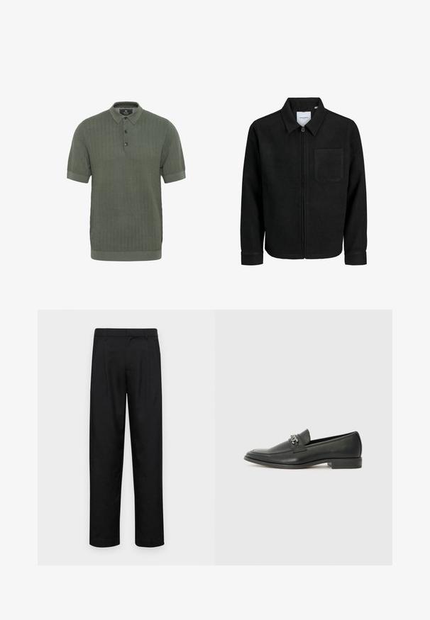 Fekete, zipzáros dzseki gallérral és egyetlen mellzsebbel, fehér háttéren.; Sötétzöld polo póló, texturált anyagból, cikk-cakk mintával, rövid ujjakkal és lapos gallérral. Három gomb található a nyaknál.; Fekete nadrág sima anyagból, egyenes szárú fazonnal, két elülső redővel és közönséges derékkal, övhurkokkal.; Fekete bőr loaferek sima felülettel, varrott mintával és díszítő fém lánccal a cipő elején. Lapos sarok.