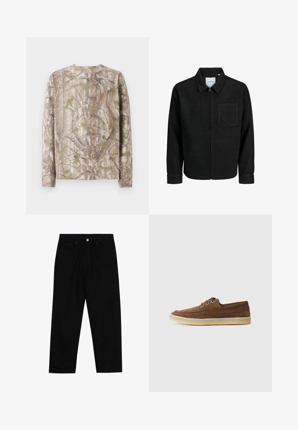 Czarna kurtka z zamkiem na całej długości, z kołnierzem i jedną kieszenią na piersi, umieszczona na białym tle.; Koszula z długim rękawem w wzór camouflage, z odcieniami brązu, zieleni i szarości, z okrągłym dekoltem i luźnym krojem. Teksturowana powierzchnia przypomina korę drzewa.; Czarne spodnie dżinsowe w klasycznym kroju prostym, z pięcioma kieszeniami i zapięciem na guzik z przodu. Gładka tekstura z minimalnymi detalami szwy.; Brązowe zamszowe buty o niskim profilu, sznurowanym designie, gumowej podeszwie i kontrastowych detalach w szwie. Prosty i funkcjonalny styl.