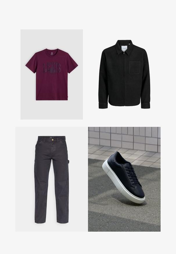 Musta vetoketjullinen takki, jossa on kaulus ja yksi rintatasku, esitelty valkoista taustaa vasten.; Burgundy T-paita, joka on valmistettu puuvillasta, ja jossa on suuri, kohokuvioitu LEVI'S-logo rinnan kohdalla. Klassinen pyöreä kaula-aukko ja lyhyet hihat.; Tummanharmaat cargo-housut, jotka on valmistettu kestävästä kankaasta. Niissä on suora lahkeellinen leikkaus, viisi taskua ja nappikiinnitys vyötäröllä.; Mustat nahkakengät, joissa on pyöristetty kärki ja valkoinen kumipohja. Varusteena litteät nauhat ja minimaalinen ommel ylhäällä. Teksturoitu pohja pitävyyden lisäämiseksi.