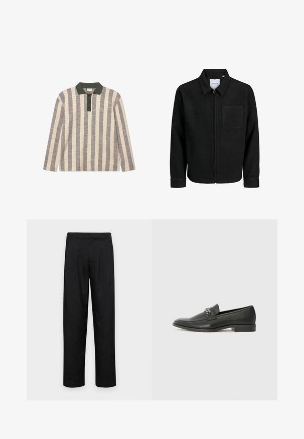 Juodas džemperis su užtrauktuku, apykakle ir vienu krūtiniu kišenėje, pristatytas baltame fone.; Juostuotas ilgarankovis polo marškinėliai kreminės ir pilkos spalvos, su žaliu apykakle ir keturių mygtukų užsegimu, su subtiliu siuvinėtu logotipo detalė.; Juodi kelnių modeliai, pagaminti iš lygios medžiagos, turi tiesią kojas, du priekiniai klostės ir standartinę juosmenį su diržo kilpomis.; Juodos odinės loafer tipo bateliai su lygiu paviršiumi, turintys siuvinėtą dizainą ir dekoratyvų metalo grandinėlės akcentą ant batų viršaus. Plokščias kulnas.