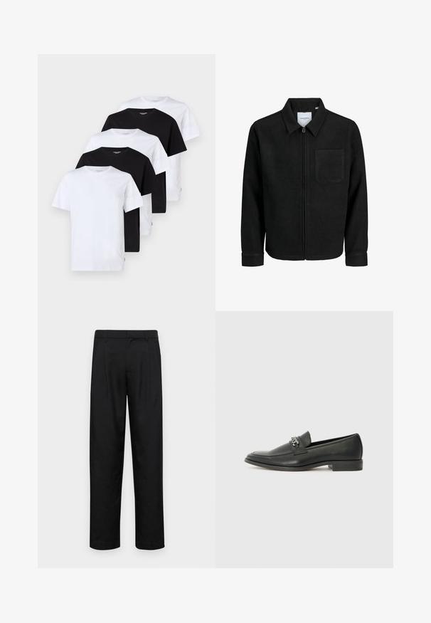 Čierna zipsová bunda s golierom a jednou náprsníkou, vystavená na bielom pozadí.; Päť krátkych tričiek s krátkym rukávom na zobrazenie: dve biele, tri čierne. Každé je vyrobené z bavlny, má okrúhly výstrih a bežný strih.; Čierne nohavice vyrobené z hladkej tkaniny, s rovnými nohavicami, dvoma prednými skladmi a štandardným pásom s pútkami na opasok.; Čierne kožené loafers s hladkým povrchom, s prešitým dizajnom a dekoratívnym kovovým reťazovým akcentom cez priehlavok. Plochý podpätok.