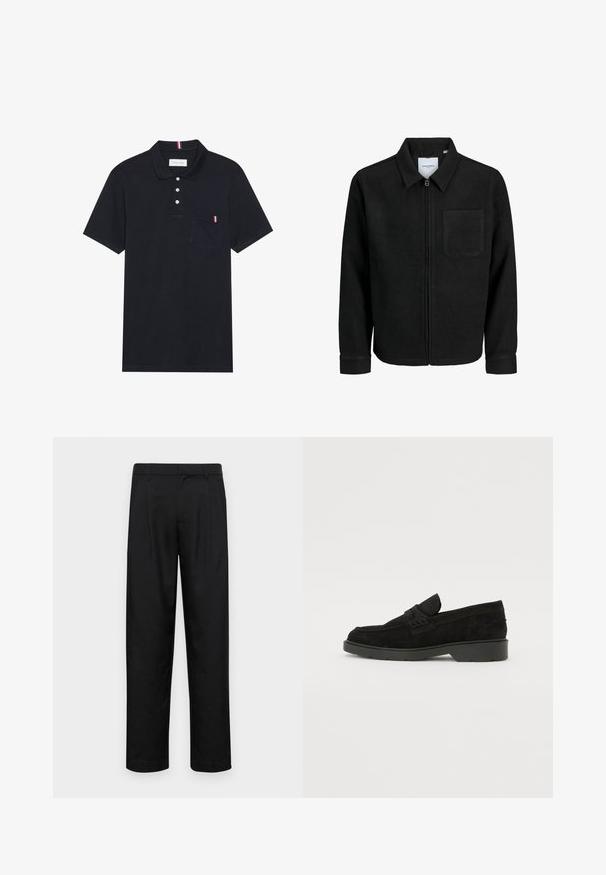 Giacca nera con zip, colletto e una tasca sul petto, mostrata su sfondo bianco.; Polo shirt nera realizzata in tessuto texturizzato, con colletto a tre bottoni, maniche corte e una piccola tasca con un accento rosso, bianco e blu.; Pantaloni neri realizzati in tessuto liscio, caratterizzati da un taglio dritto, due pieghe frontali e una vita standard con passanti per la cintura.; Mocassini in suede neri con tacco basso, dotati di una semplice fascia sulla parte superiore e dettagli testurizzati lungo i lati.