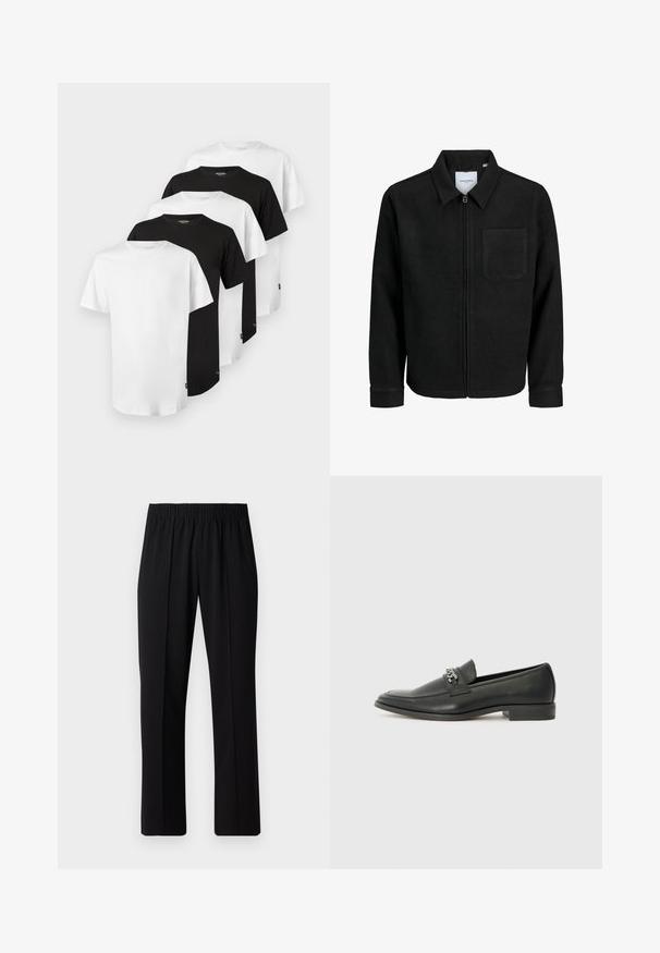 Svart zip-jacka med krage och en enda bröstficka, visad på vit bakgrund.; Set med fem T-shirts: tre vita och två svarta. Klassisk crew-neck design, kort ärm, bomullstyg, slät textur, standard passform.; Svart, elastisk midja byxor med raka ben, med en mjuk yta och utan synliga mönster eller metalldetaljer.; Svart läderloafers med en slät yta, med en sydd design och en dekorativ metallkedjeaccent över västen. Platt häldesign.