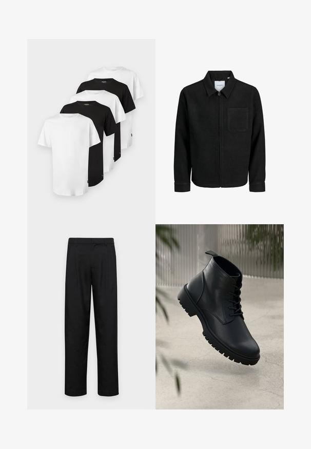Black zip-up jacket with collar and single chest pocket, displayed on white background.; Set of five T-shirts: three white and two black. Classic crew-neck design, short sleeves, cotton fabric, smooth texture, standard fit.; Black trousers made of smooth fabric, featuring a straight-leg design, two front pleats, and standard waistband with belt loops.; Black leather ankle boots with a rounded toe, lace-up design, and rugged rubber sole. Smooth texture with a pull tab at the back.