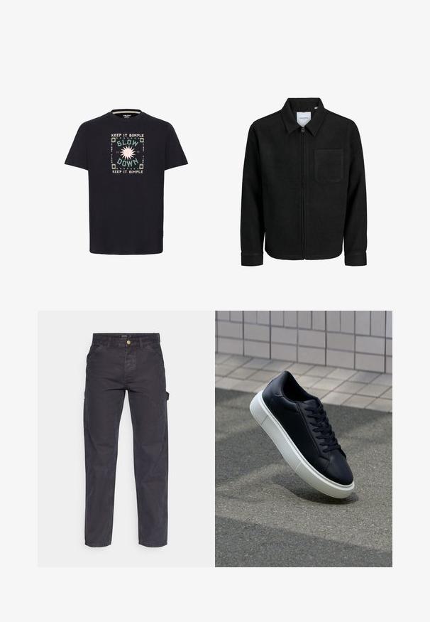 Črna jakna z zadrgo in ovratnikom ter enim žepom na prsih, prikazana na beli podlagi.; Črna bombažna majica s pisanimi grafičnimi vzorci in besedilom "OBDRŽI TO ENOSTAVNO" ter "USPEŠI UMIRITI", obdana s krožnimi vzorci.; Temno sivi cargo hlače iz trpežnega materiala, z ravnim krojem nogavic, petimi žepi in gumbom za zapiranje v pasu.; Črne usnjene superge z zaobljenim prstom in belim gumijastim podplat. Imajo ravne vezalke in minimalno šivanje na zgornjem delu. Teksturirani podplat za oprijem.