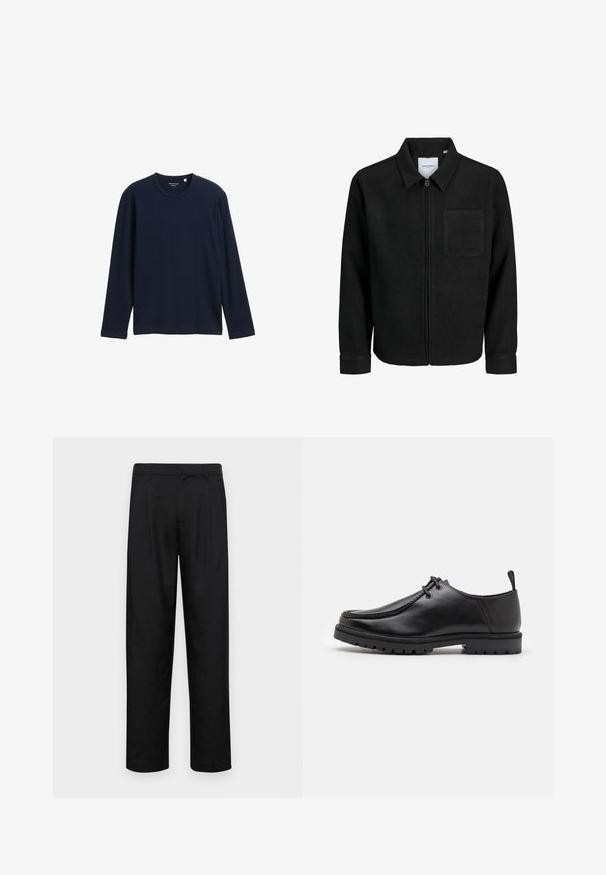 Schwarze Zip-Jacke mit Kragen und einer einzelnen Brusttasche, auf weißem Hintergrund präsentiert.; Dunkelblaues Langarm-T-Shirt aus weicher Baumwolle, mit rundem Ausschnitt und lockerer Passform, ohne sichtbare Muster oder Akzente.; Schwarze Hose aus glattem Stoff, mit geradem Bein Design, zwei vorderen Falten und einem Standardbund mit Gürtelschlaufen.; Schwarze Leder-Schnürschuhe mit robustem Sohlenprofil und Zuglasche an der Ferse, von der Seite auf einem weißen Hintergrund gezeigt.