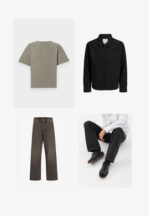 Musta vetoketjullinen takki, jossa on kaulus ja yksi rintatasku, esitelty valkoista taustaa vasten.; T-paita, jossa on lyhyet hihat ja pyöreä kaula-aukko, hillityn vihreässä värissä. Valmistettu pehmeästä puuvillasta, jossa on sileä pinta ja siistit reunat. Ei näkyviä logoja tai kuvioita.; Valkoset farkut tummanharmaasta denimestä, joissa on korkea vyötärö, klassinen viisi-taskuinen muotoilu ja erottuvat ompeleet saumoissa.; Mustat tennarit, joissa on sileä ja teksturoitu päällyste, varustettuna kumipohjalla ja tummilla nauhoilla. Yhdistetty mustiin farkkuihin ja valko-raitaiseen paitaan.