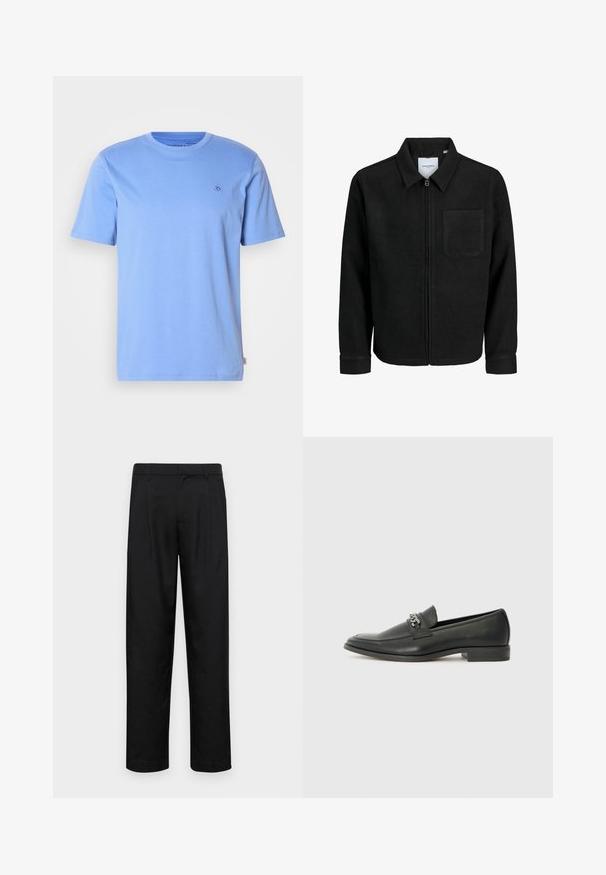 Čierna zipsová bunda s golierom a jednou náprsníkou, vystavená na bielom pozadí.; Svetlomodré bavlnené tričko s okrúhlym výstrihom a krátkymi rukávmi. Obsahuje malé vyšívané logo na hrudi a božnú nášivku.; Čierne nohavice vyrobené z hladkej tkaniny, s rovnými nohavicami, dvoma prednými skladmi a štandardným pásom s pútkami na opasok.; Čierne kožené loafers s hladkým povrchom, s prešitým dizajnom a dekoratívnym kovovým reťazovým akcentom cez priehlavok. Plochý podpätok.