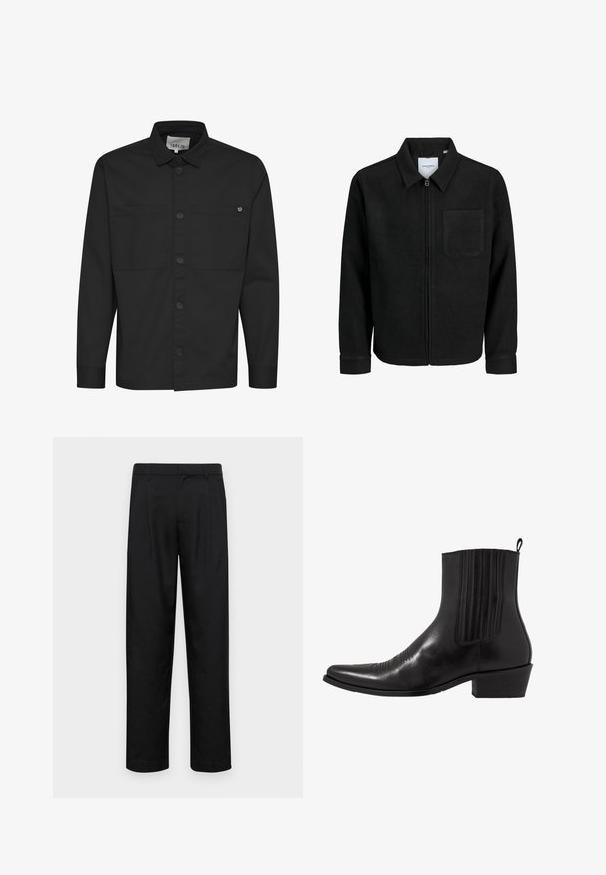 Sort lynlåsjakke med krave og en enkelt brystlomme, vist på hvid baggrund.; Sort langærmet skjorte med knapåbning, to brystlommer og spids krave. Fremstillet af glat stof med en mat overflade.; Sorte bukser lavet af glat stof, med et lige ben-design, to frontfolder og en standard talje med bæltestropper.; Sort læder ankelstøvle med spids tå, elastiske sidepaneler, lodrette stikninger og en lav blokhæl.