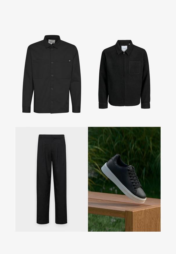 Mustaga lukuga jakker, millel on krae ja üks rinna-tasku, esitatud valgel taustal.; Must have pikkade varrukatega must särk, millel on nööpidega esiosa, kaks rinna taskut ja terav krae. Valmistatud siledast materjalist, millel on matt viimistlus.; Mustad mustadest riietest, millel on sirge jalgade disain, kaks eesmist voltimist ja tavaline vöökoht, millel on vöökohad.; Must värvi nahast tennisekingad siledast materjalist, valge kummist tald ja kuus aukku paelte jaoks, asetatud puidust pinnale.