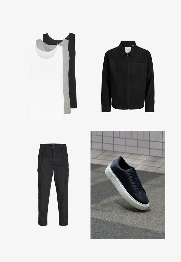 Sort lynlåsjakke med krave og en enkelt brystlomme, vist på hvid baggrund.; Tre tank tops i hvid, grå og sort. Hver af dem har et klassisk ærmeløst design, lavet af let bomuldsstof med ribbet tekstur.; Sorte cargo-bukser lavet af slidstærkt stof, der har flere lommer, en knaplukning og et slim fit design med smalle ben.; Sort lædersneaker med rund tå og hvid gummisål. Har flade snørebånd og minimal syning på overdelen. Tekstureret sål for bedre greb.