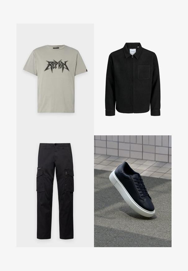 Juodas džemperis su užtrauktuku, apykakle ir vienu krūtiniu kišenėje, pristatytas baltame fone.; Šviesiai pilkas medvilninis marškinėliai su juodu grafiniu logotipu, turinčiu aštrų užrašą. Trumpomis rankovėmis ir standartiniu apykaklės dizainu.; Juodos krovinių kelnės, turinčios kelis kišenes, užtrauktuku uždaromą kišenę ant šlaunies, tiesaus kirpimo ir tvirtos medvilnės audinys su nežymiu blizgesiu.; Juodas odinis sportbačius su apvaliu pirštu ir baltu gumuotu padu. Turi plokščias raišteles ir minimalų siuvimą viršuje. Padangos tekstūra užtikrina sukibimą.