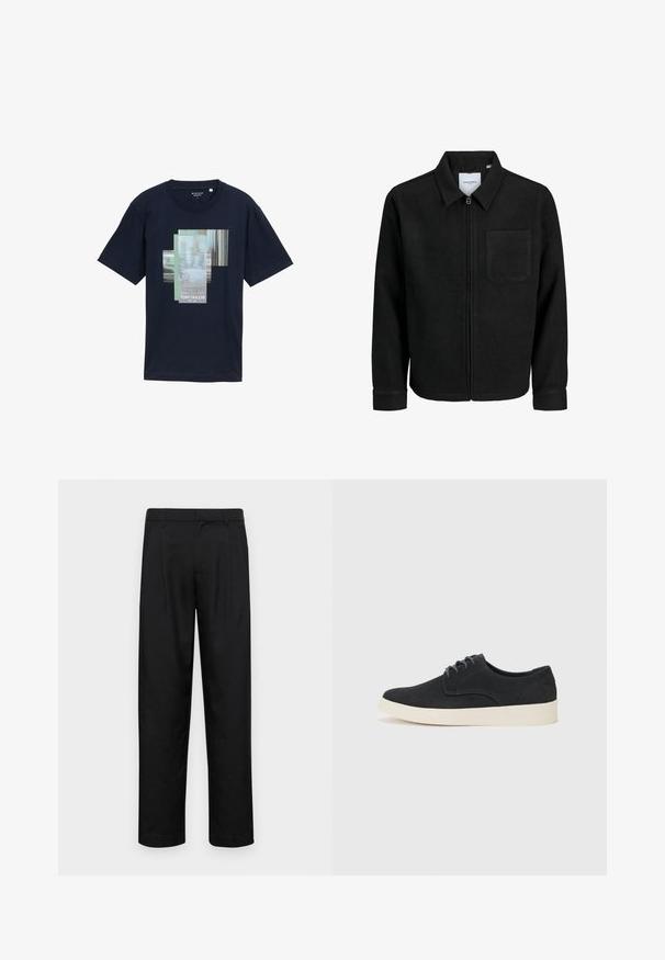 Črna jakna z zadrgo in ovratnikom ter enim žepom na prsih, prikazana na beli podlagi.; Mornarsko modra bombažna majica s kratkimi rokavi, ki prikazuje večplastno grafično zasnovo z besedilom "PODPIS >>> IGRAJ" in imenom blagovne znamke "TOM TAILOR" v beli barvi.; Črne hlače iz gladkega materiala, s krojem ravne noge, dvema sprednjima pregiboma in standardnim pasom z zankami za pas.; Črne semiš čipkaste čevlje z zaobljenim prstom, lahkotno kremasto podplat in subtilni modri šivi na zgornjem delu.